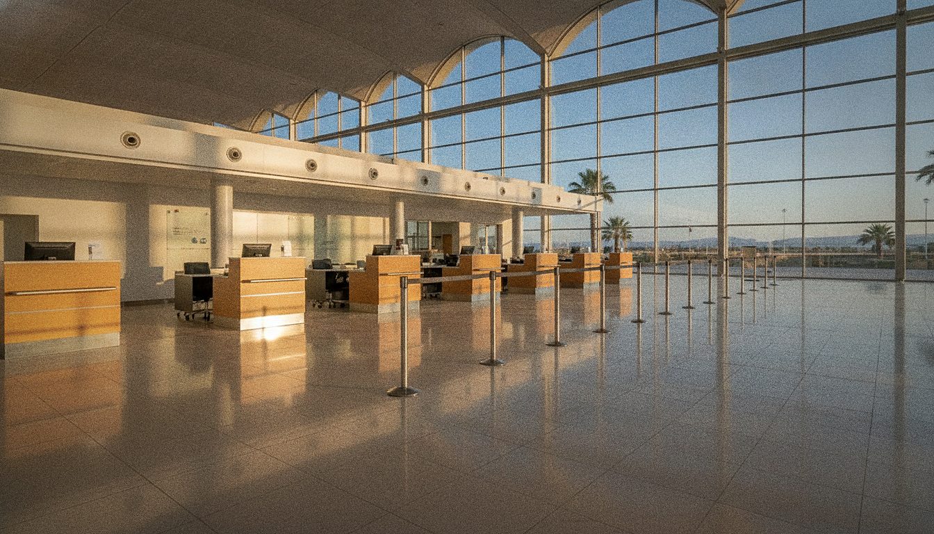 Rangée de guichets de location de voiture dans le hall des arrivées d'un aéroport, voyageurs faisant la queue