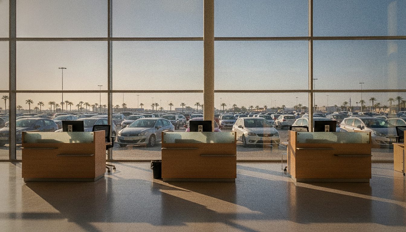 Comptoir Europcar dans le hall des arrivées d'un aéroport, voitures visibles à travers une baie vitrée