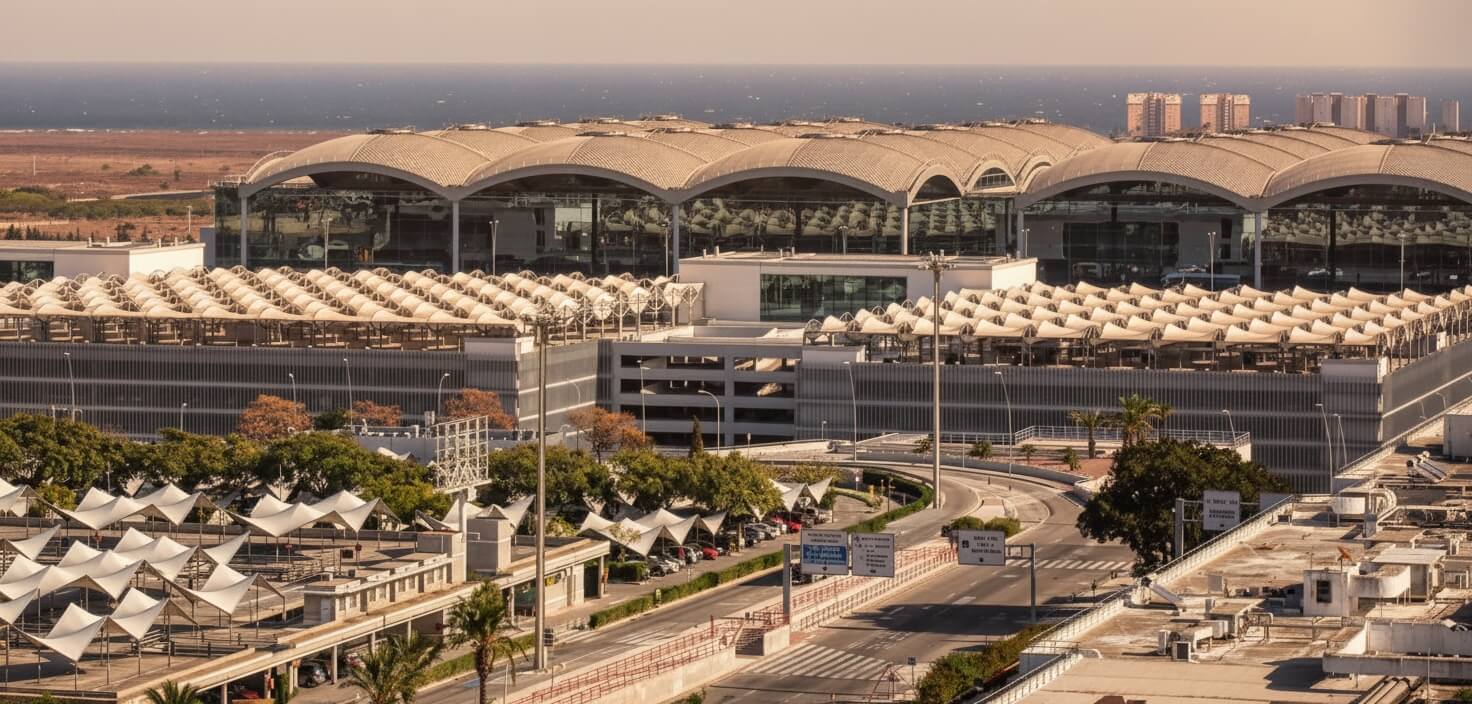 Vue aérienne de l'Aéroport Alicante et de ses parkings
