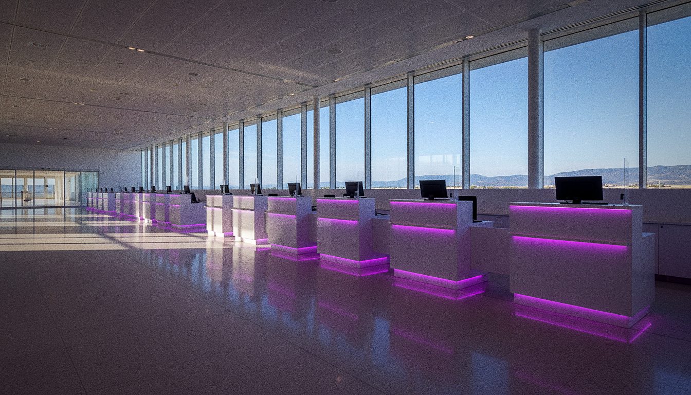 Comptoir de location de voiture avec éclairage violet dans un hall d'aéroport