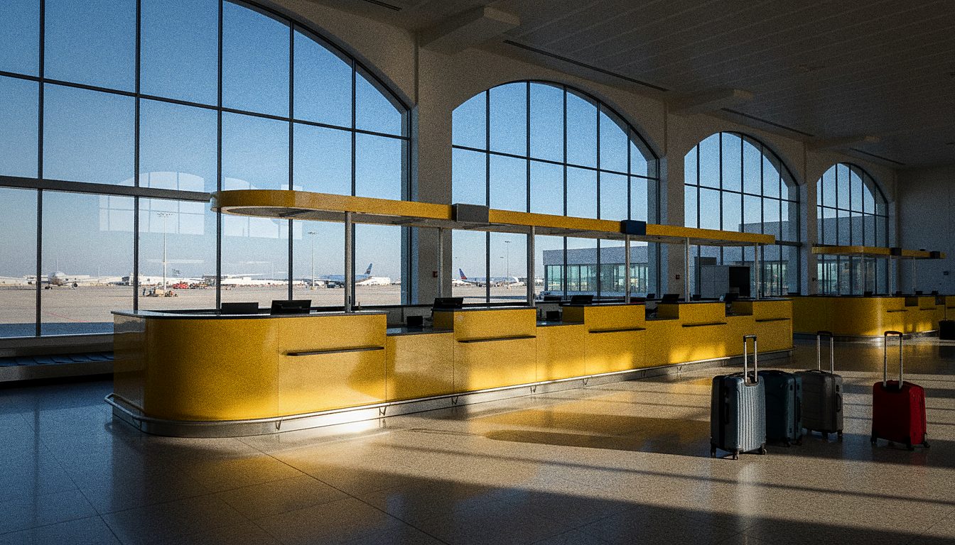 Comptoir jaune Goldcar dans le hall des arrivées d'un aéroport, voyageurs avec bagages