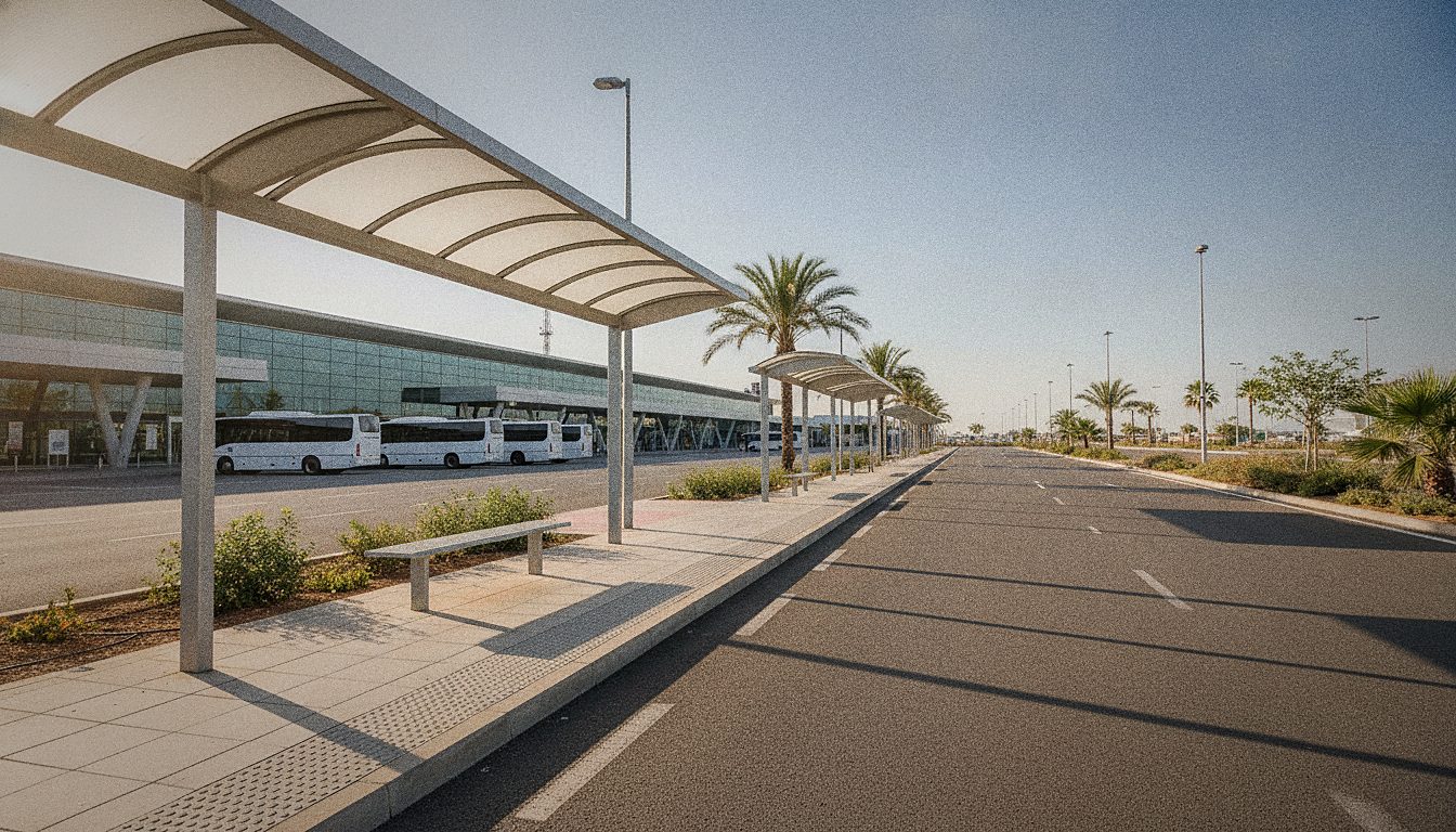 Point d'arrêt de navette de location de voiture près d'un aéroport, voyageurs attendant