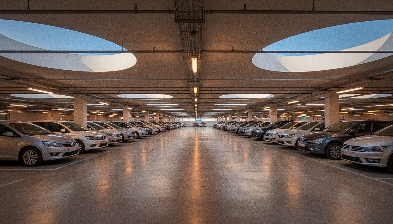 Parking souterrain d'aéroport avec voitures de location garées, éclairage artificiel