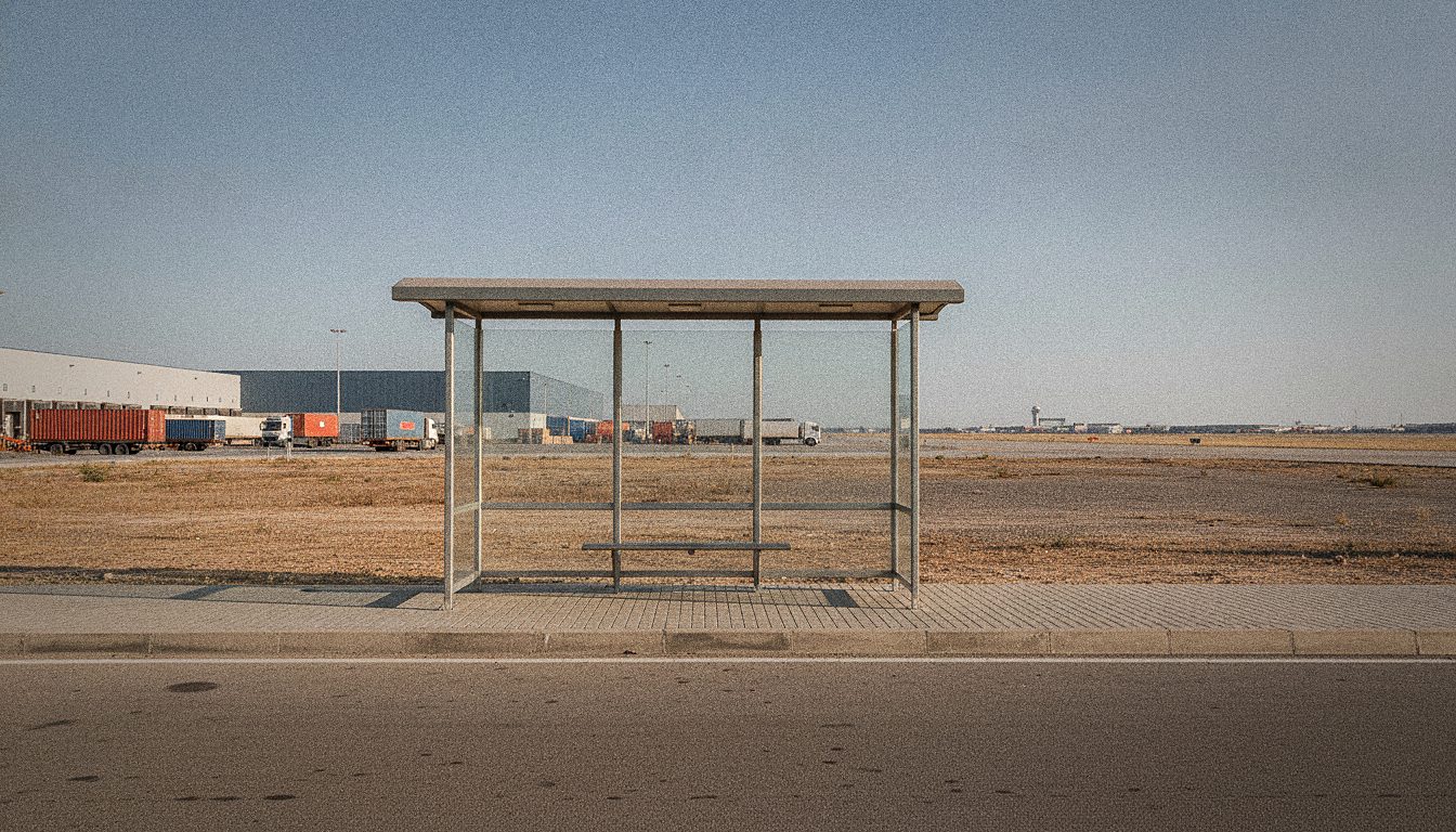 Arrêt de navette de location de voiture près d'un aéroport, zone industrielle en arrière-plan