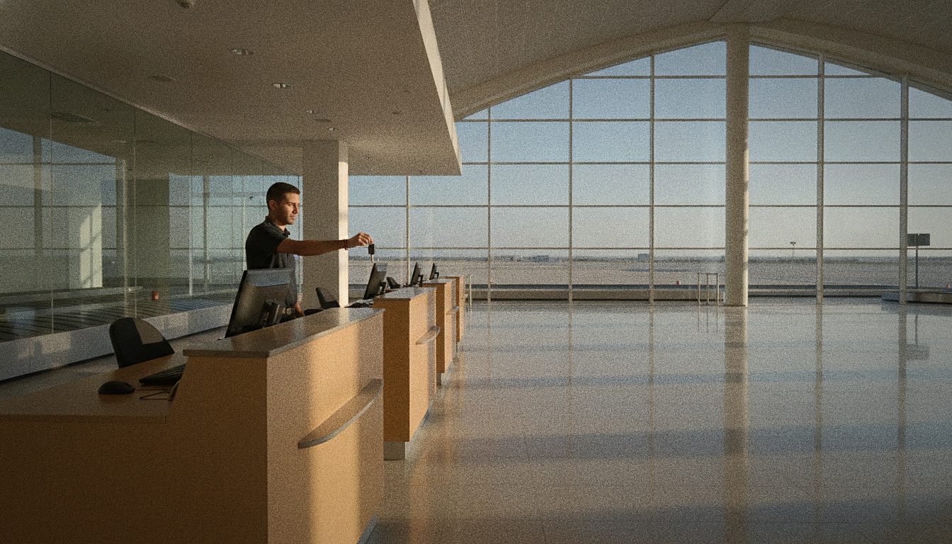 Comptoir de location de voiture dans le hall des arrivées d'un aéroport, employé remettant des clés