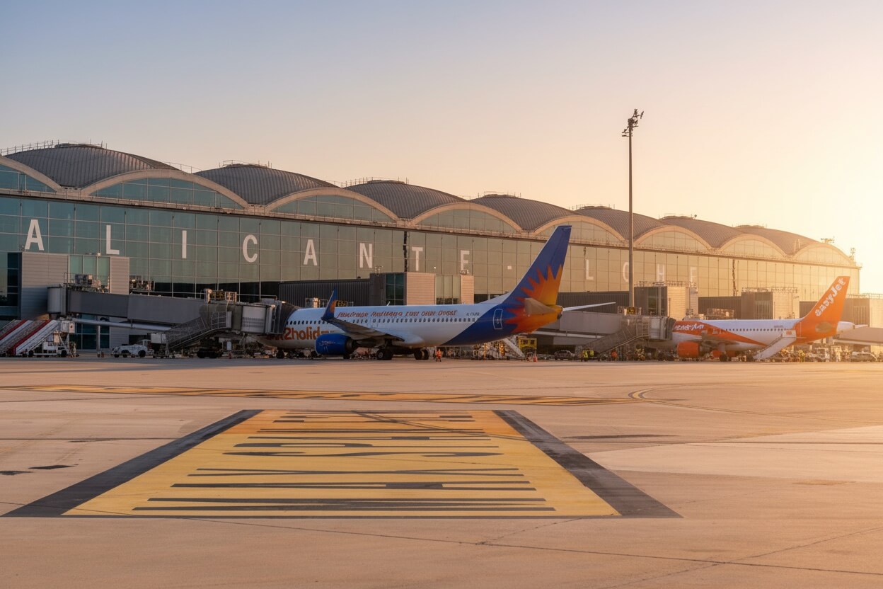 Piste de l'Aéroport Alicante avec avions easyJet et Jet2 au stationnement