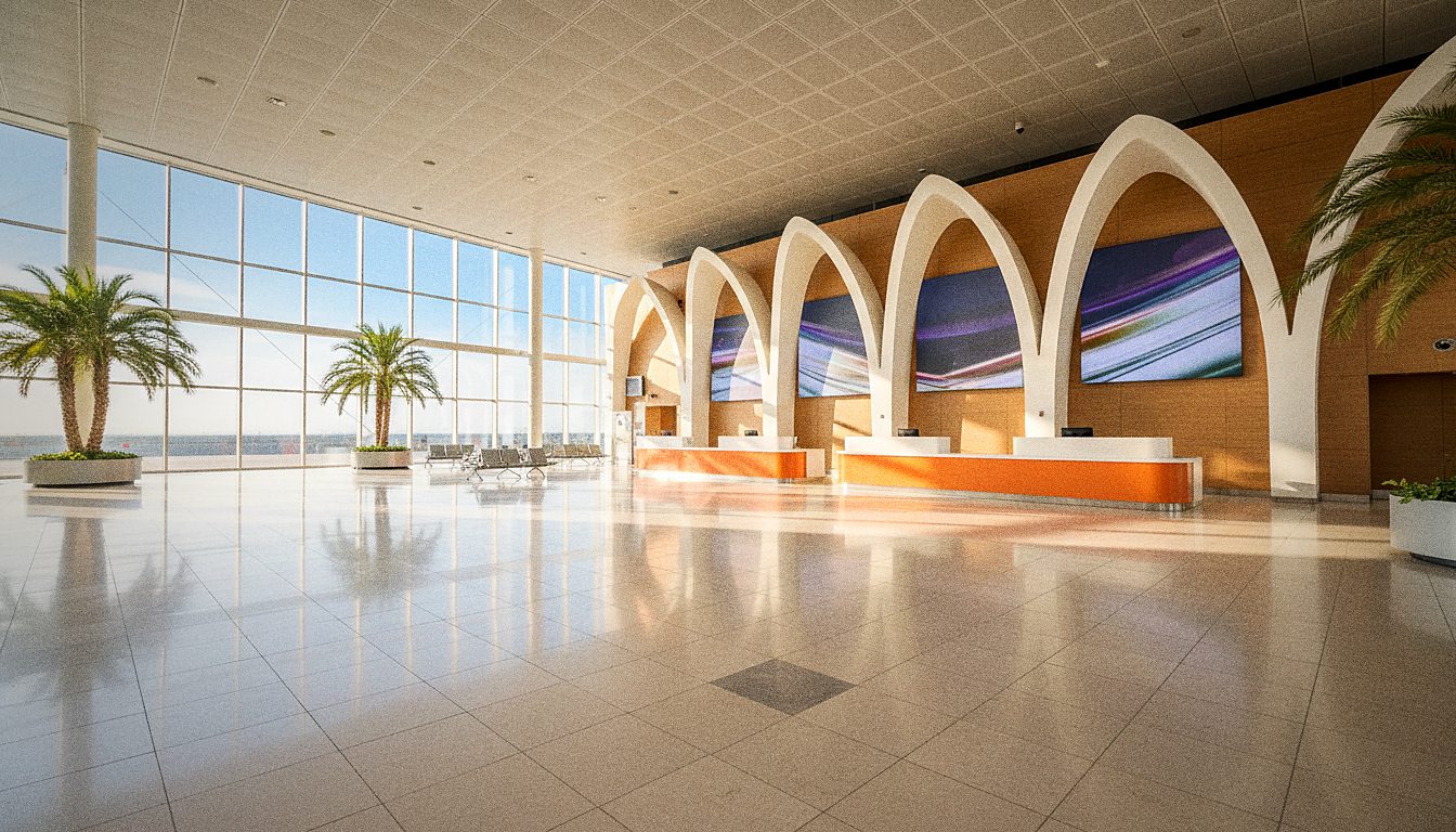 Comptoir orange Sixt dans le hall des arrivées d'un aéroport, voyageurs à l'accueil