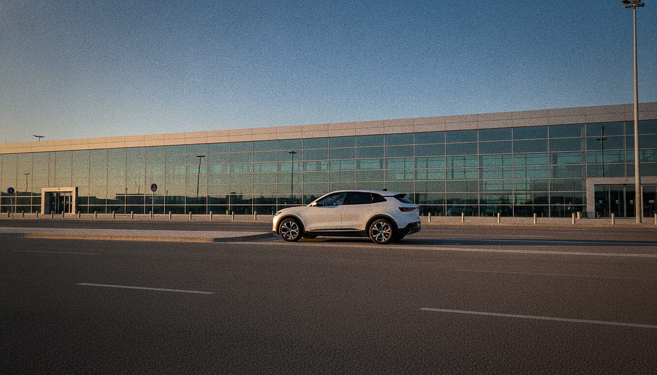 Voiture de location moderne livrée devant un terminal d'aéroport, service voiturier