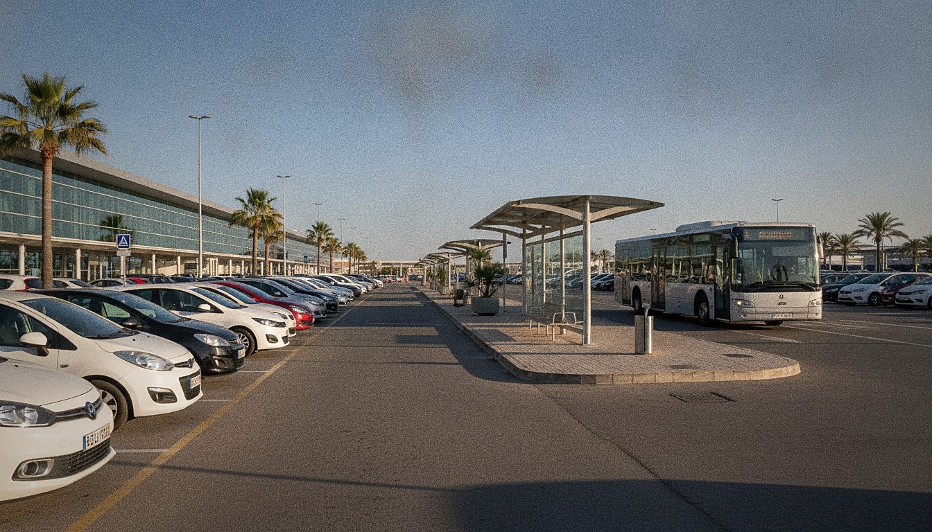 Voitures de location garées près d'un point de navette d'aéroport, journée ensoleillée