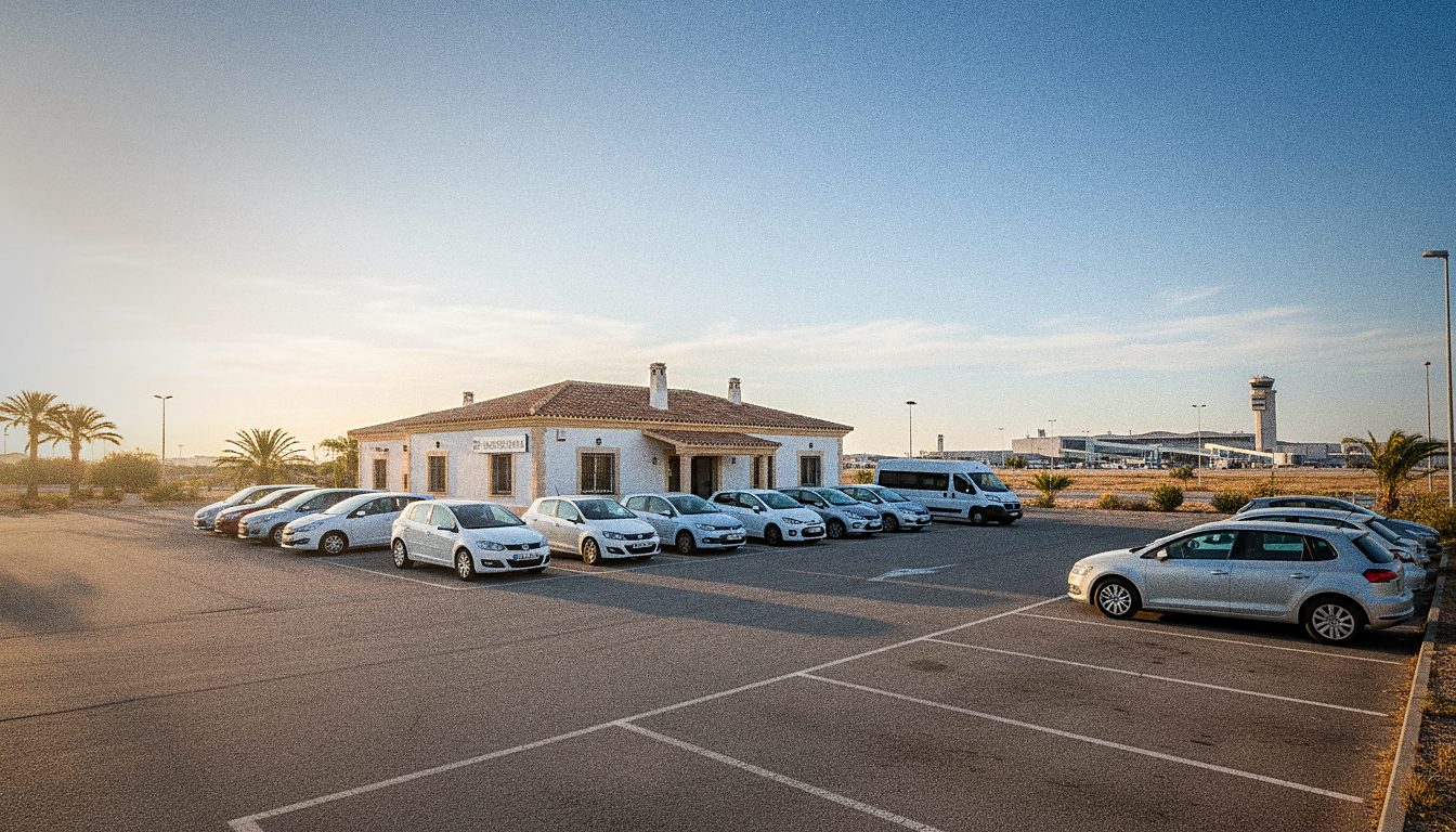 Petite agence de location de voiture avec navette près d'un aéroport, journée ensoleillée